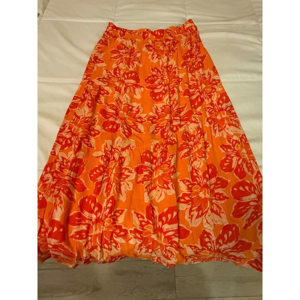 AGB Orange Red Floral Tiered Maxi Skirt Boho Rayon Size Medium